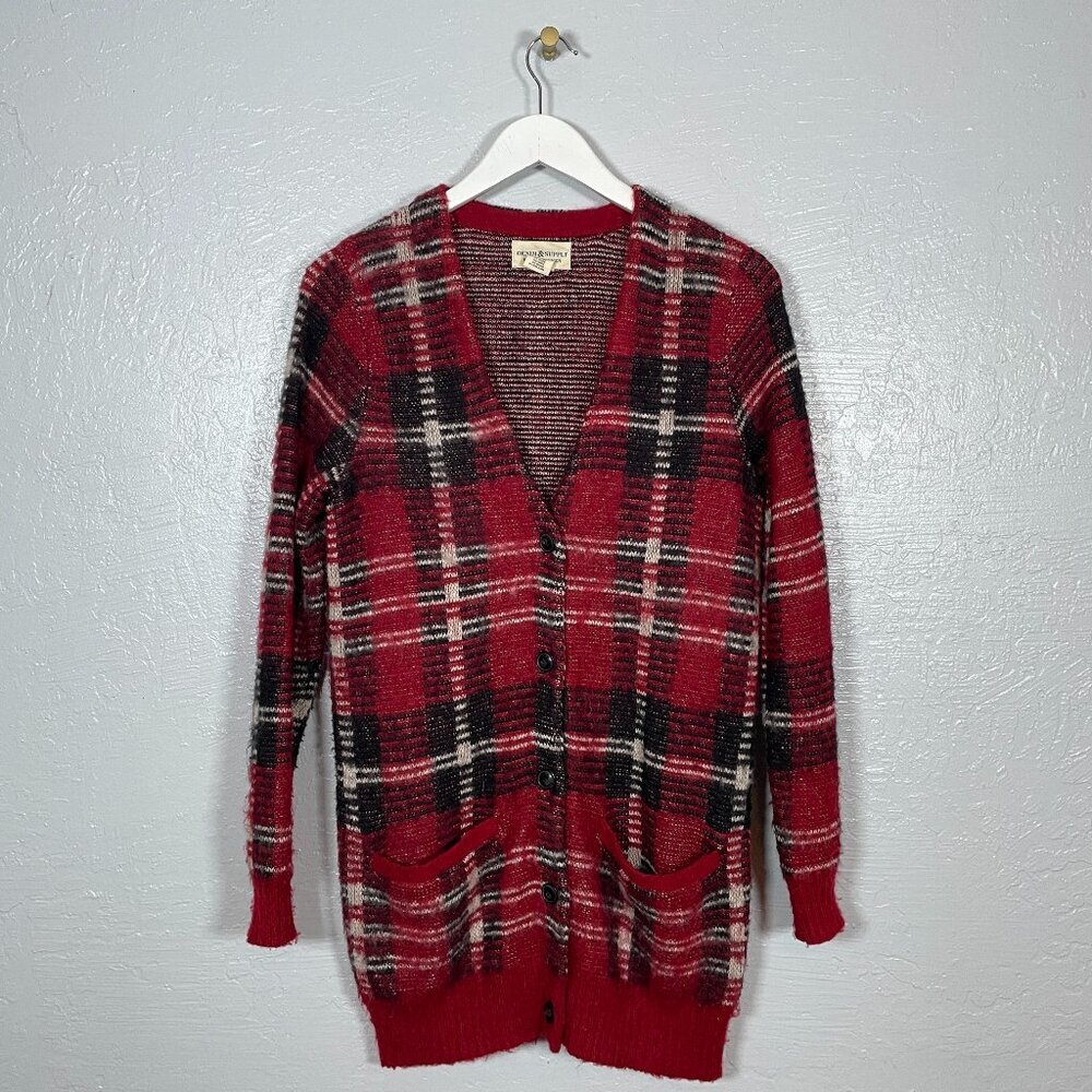 Denim & Supply Ralph Lauren Women S Red Black Mohair Wool Blend Plaid Cardigan